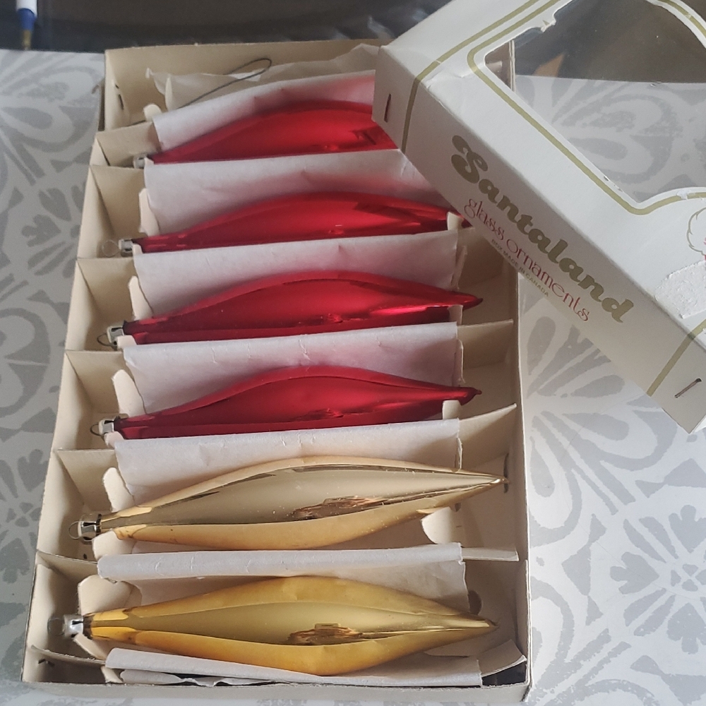 Vintage Santaland mercury Glass Ornaments Set Gold Red With Box